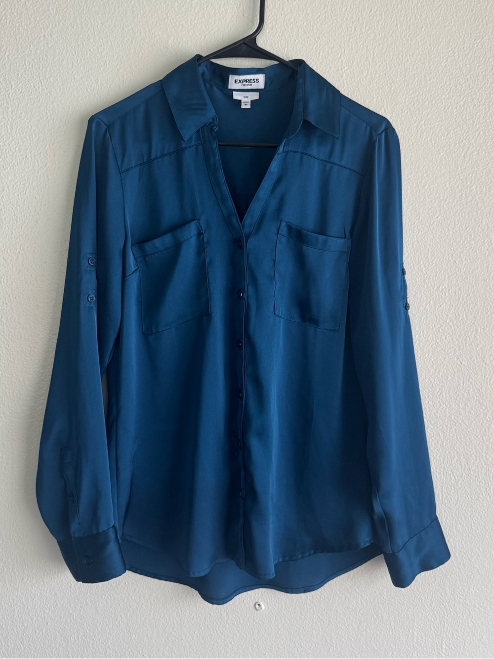 Express Portofino Blue Satin Button-Front Blouse Size Medium
